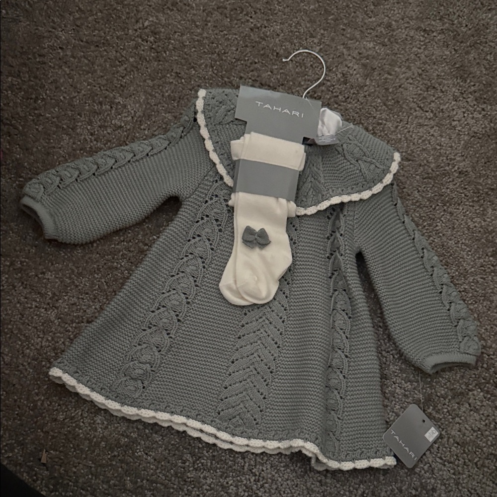 Tahari Green Cable Knit Baby Dress with Cream Trim